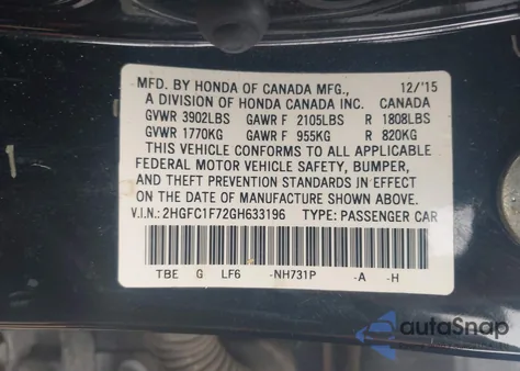2016 Honda Civic Ex-L from USA, damaged, VIN 2HGFC1F72GH633196